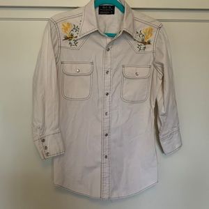 Vintage 1970s western button up 3/4 sleeve, collared shirt, cactus embroidery